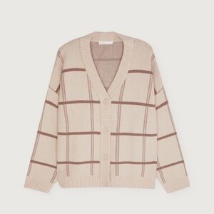 OAK + FORT Checkered V-Neck Cardigan in Cream and Brown